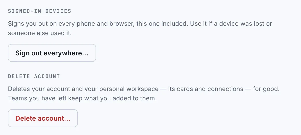 Signed-in devices and Delete account on the Account page, each with its confirmation button.