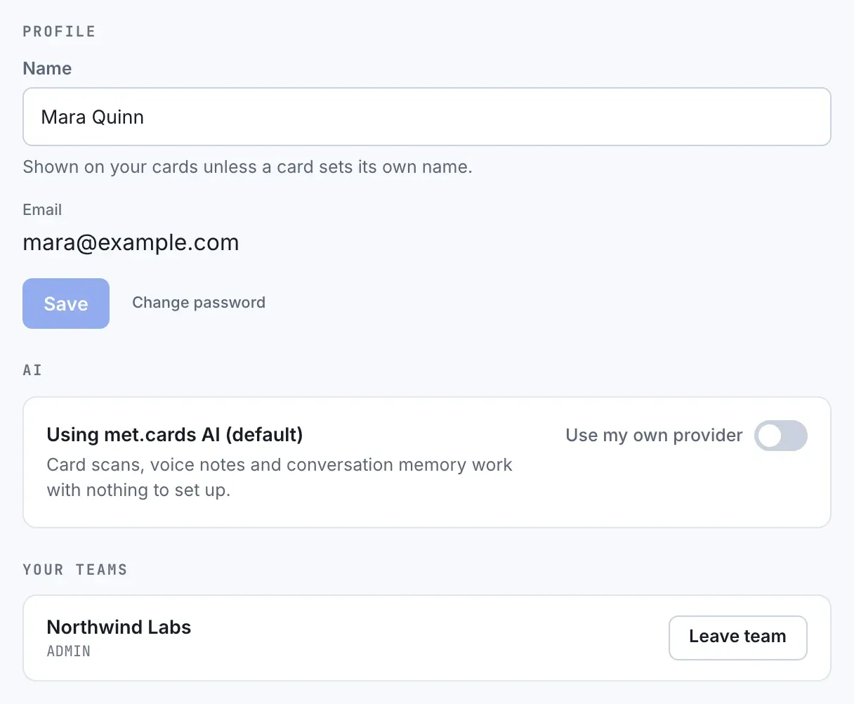 Account settings for a personal account: name, email, the AI switch, your teams, and Change password.