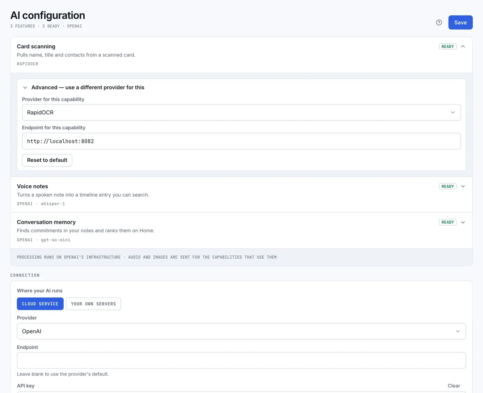 The Card scanning row opened to Advanced: a provider, endpoint and key for this feature alone, with Reset to default.