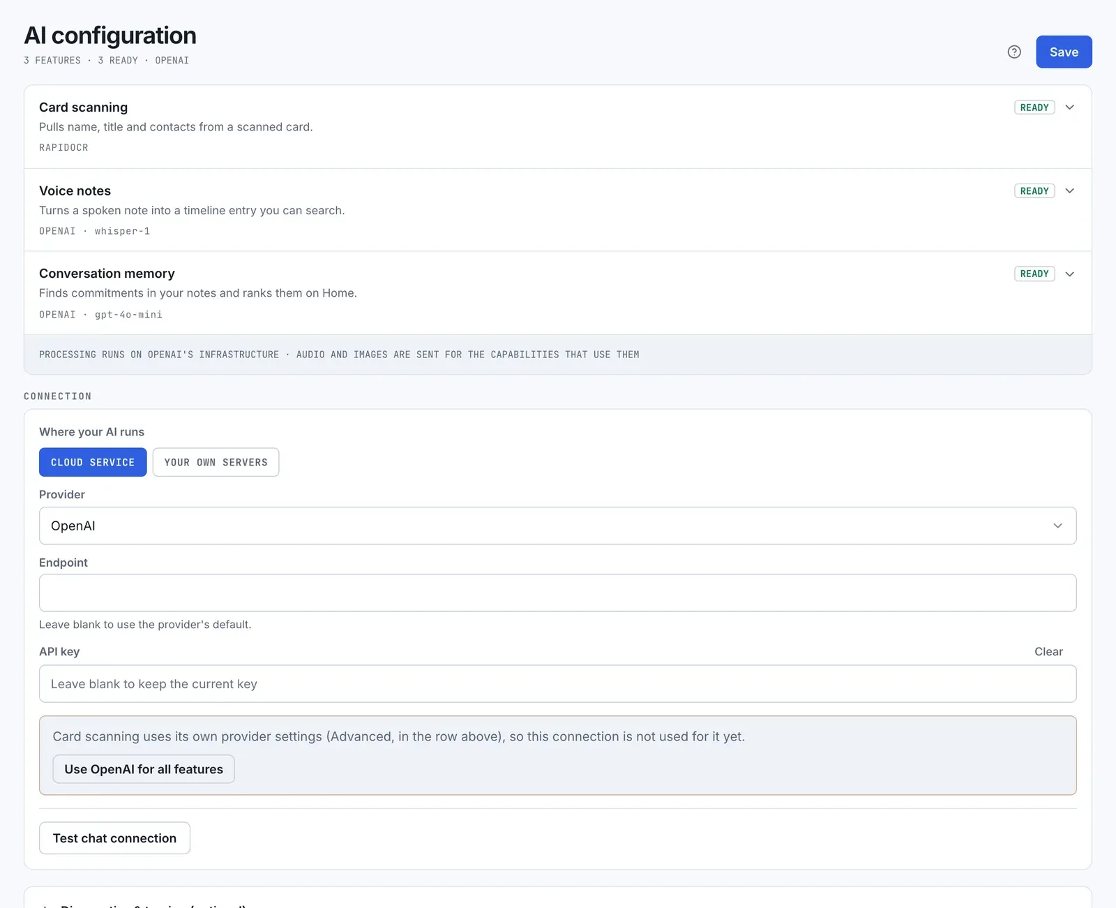 AI configuration: Card scanning, Voice notes and Conversation memory, each with a Ready status and the provider and model it uses.