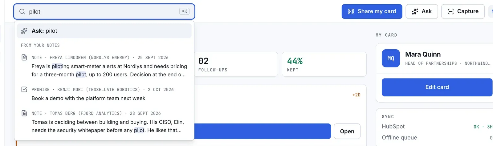 The top search box with “pilot” typed in: an Ask row first, then matching notes and a promise under From your notes, with the matching word highlighted.