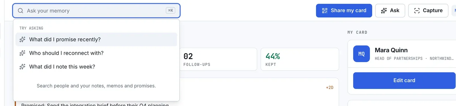 The empty search box: the Try asking list with three starter questions.