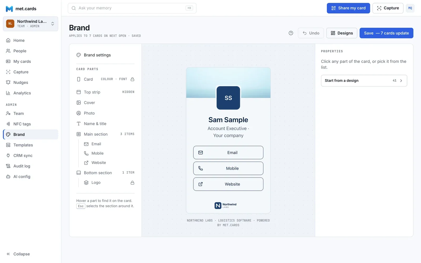 The Brand editor: the parts list, a sample card with the Northwind Labs logo and footer text, and the Save button naming how many cards update.