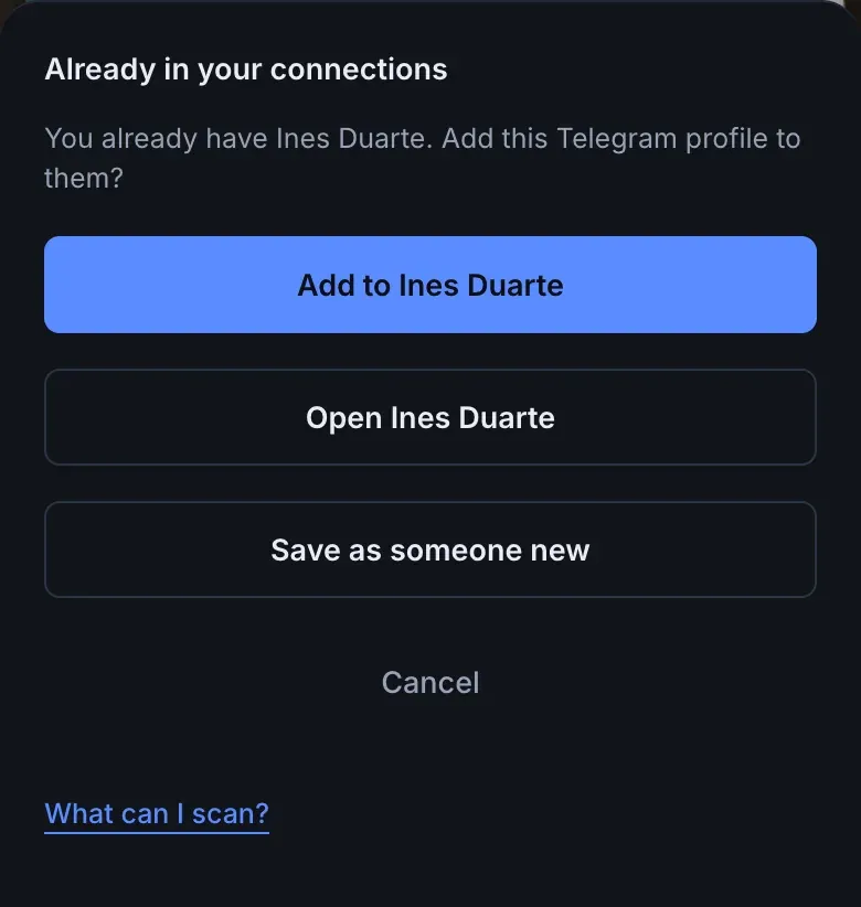 The prompt after scanning a Telegram profile already saved on Ines Duarte: You already have Ines Duarte, with Add to Ines Duarte, Open Ines Duarte, Save as someone new and Cancel.