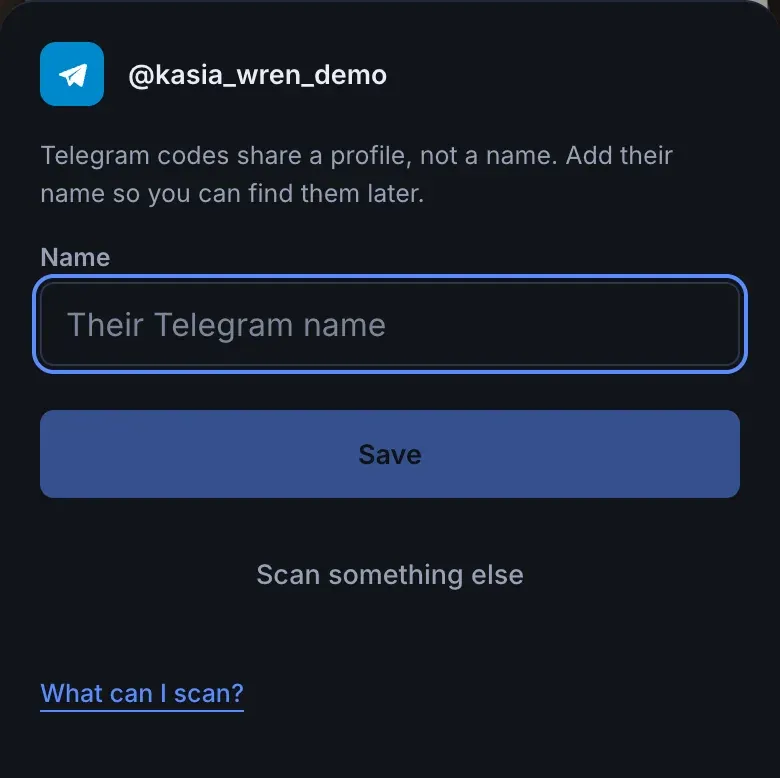 The confirm sheet after scanning a Telegram code: the Telegram badge, @kasia_wren_demo, a note that the code shares a profile but not a name, and an empty name field.
