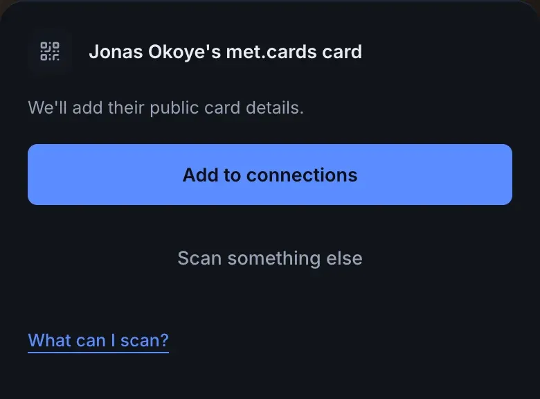 The confirm sheet after scanning a met.cards card: Jonas Okoye’s met.cards card, a note that their public card details will be added, and the Add to connections button.