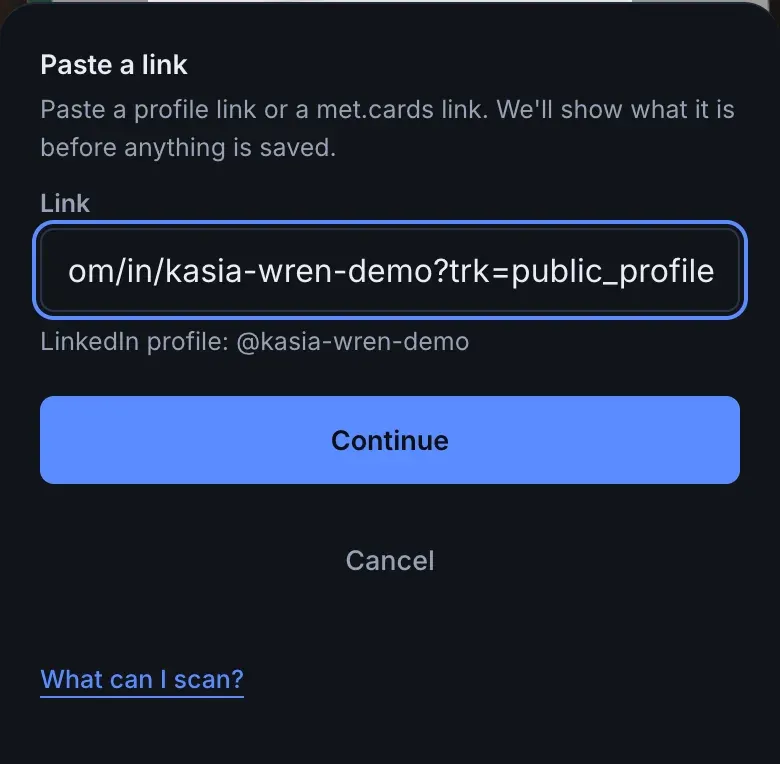 The Paste a link sheet with a LinkedIn link pasted into Link, and the line under it reading LinkedIn profile: @kasia-wren-demo before anything is saved.