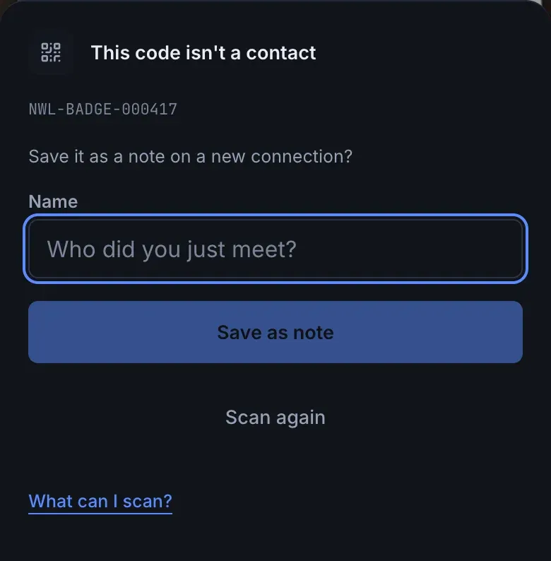 The sheet for a code that is not a contact: its text, NWL-BADGE-000417, the question whether to save it as a note, a name field, and the Save as note and Scan again buttons.